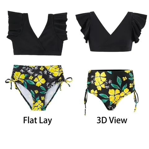 Girls Swimsuit Tankini Ruffle Fly Sleeve V Neck High Waist Floral Tropical Print Bathing Suit Nylon Elastic