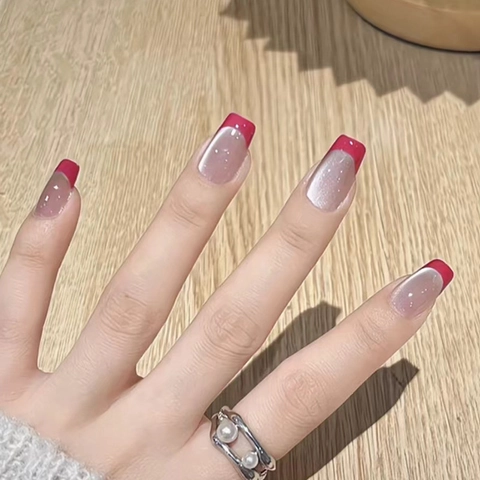 Uñas Postizas Press On French Con Punta Roja Efecto Ojo De Gato Brillante Plástico ABS Brillantes Para Mujeres