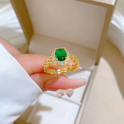 Green Gemstone Ring Gold Plated Brass Watch Chain Band Adjustable Open Ring Rhinestones Elegant Jewelry For Women
