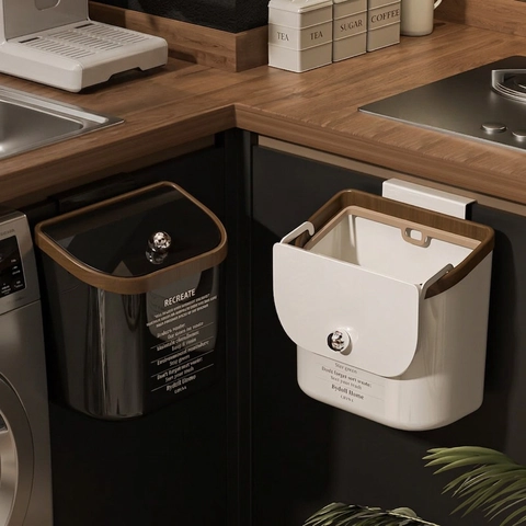 Wall Mounted Kitchen Trash Can Hanging Waste Bin With Wood Grain Trim Slide And Flip Lid For Cabinet Door Vintage Plastic