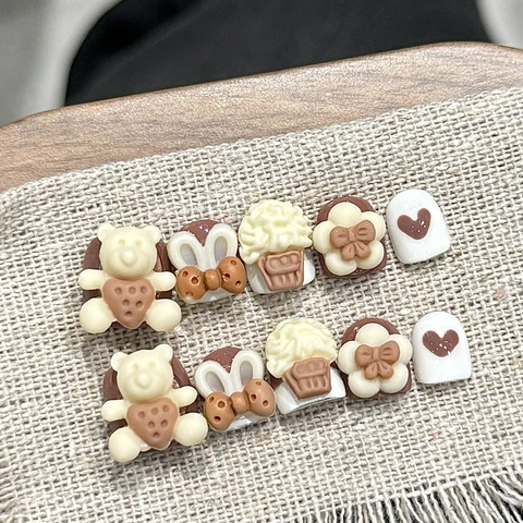 Cute 3D Handmade Press On Nails Mocha Brown Creamy Bear Rabbit Cupcake Sweet Cartoon For Girls Children