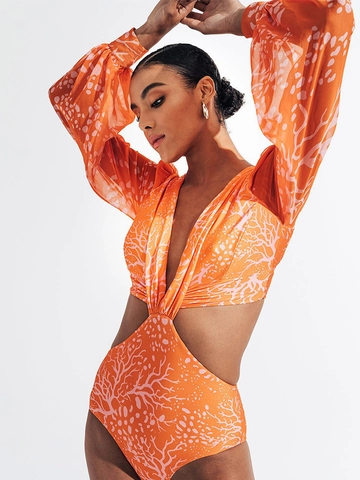 One-Piece Swimsuit Polyester Spandex Printed Long Lantern Sleeve Deep V Neck Side Cut Out Sexy Beach Wear For Women