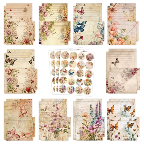 Vintage Botanische Blumen Briefpapier Und Umschlag Set Mit Aufklebern Aquarell Schmetterling Design Für Schreiben Einladung Geschenk