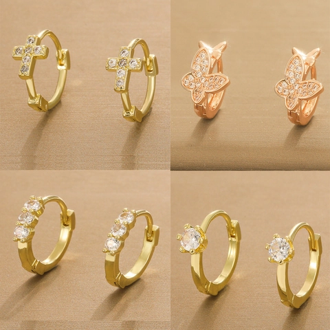 Exquisite Copper Rhinestone Hoop Earrings For Women Fashion Butterfly Cross Round Diamond Inlaid Ear Cuffs Jewelry Accessories