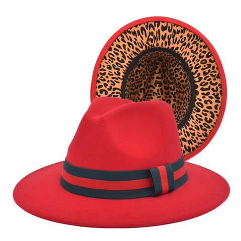 Cappello Fedora A Tesa Larga In Feltro Di Lana Fodera Leopardata Nastro A Righe Stile Britannico Per Uomo Donna