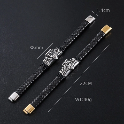 Pulsera De Cuero Trenzado Para Hombre Acero Inoxidable 304 Búho Retro Punk Brazalete Hebilla Magnética
