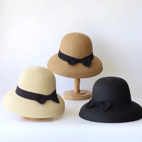 Sombrero De Paja Mujer Sombrero De Sol Papel Transpirable Protección UV Verano Playa Elegante Con Lazo Negro Ajustable