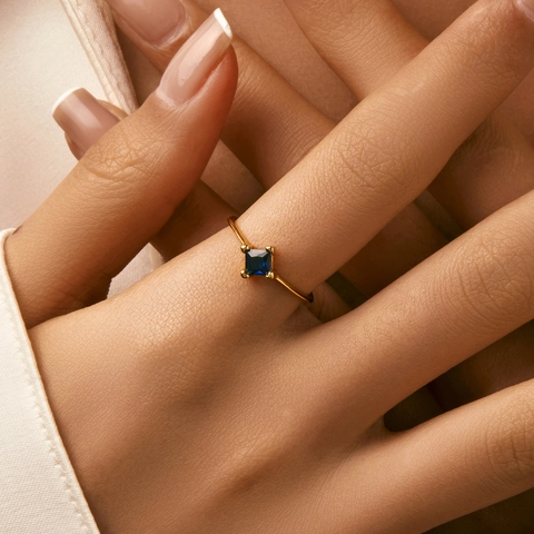 Minimalist Square Blue Cubic Zirconia Ring 925 Sterling Silver Gold Plated Four Prong Jewelry Gift For Women