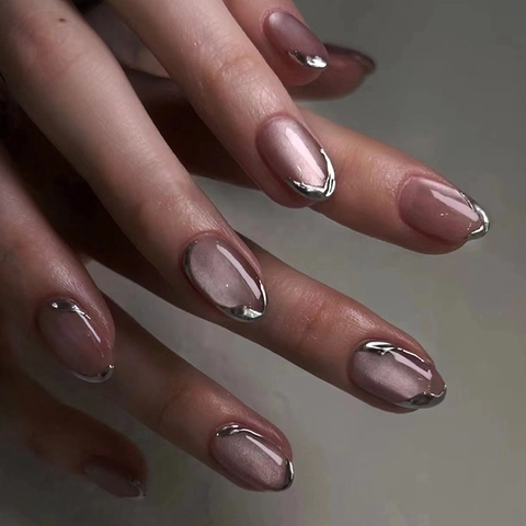 Unghie Finte Press On Cat Eye Bordo Metallico Argento Stile Francese Riutilizzabili Plastica ABS Rosa Viola Elegante