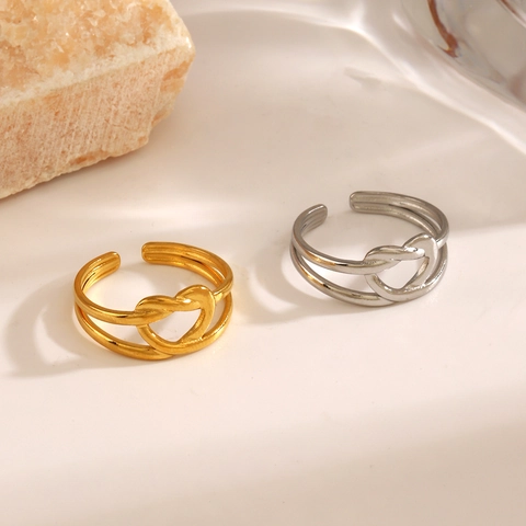 Anillo De Nudo De Corazón Minimalista Chapado En Oro De 18K Acero Inoxidable Doble Capa Ajustable Para Mujer
