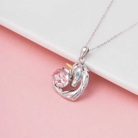 925 Sterling Silver Unicorn Heart Necklace For Women With Pink Crystal Rhinestone Sweet Style Animal Pendant Jewelry