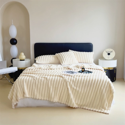 Thick Soft Faux Rabbit Fur Blanket Ribbed Striped 3D Texture Warm Flannel Sofa Throw Nap Bedding Cover Solid Color