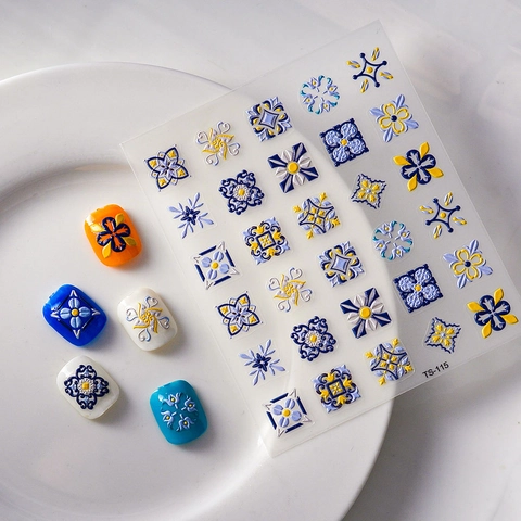 Pegatinas Para Uñas Relieve 5D Estereoscópicas Patrones Azulejos Mediterráneos Bohemios Geométricos Florales Autoadhesivas
