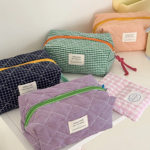 Borsa Trucco In Cotone Trapuntato A Quadretti Gingham Pochette Cosmetica Organizzatore Da Viaggio Per Cura Personale