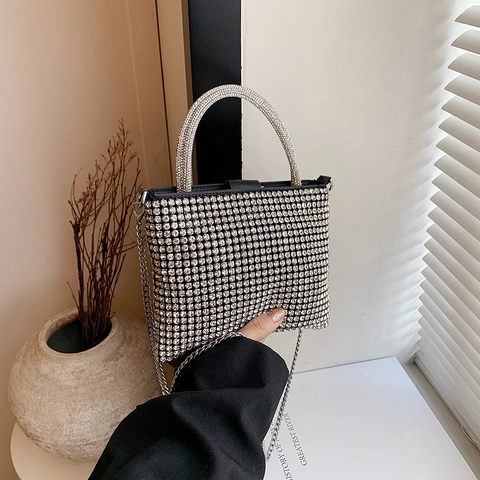 Borsa a Mano da Donna alla Moda con Strass Borsa a Tracolla da Sera Scintillante con Catena in Metallo per Festa Banchetto Matrimonio Argento