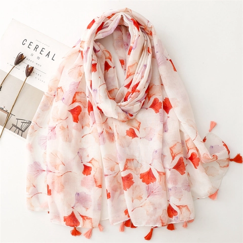 Sjaal Omslagdoek Met Ginkgo Blad Print Chinese Stijl Lichtgewicht Bali Garen Polyester Kwastjes Zonbescherming Dames