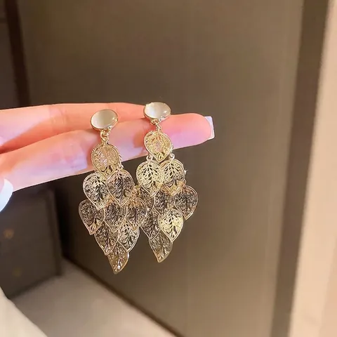 Hollow Leaf Tassel Long Drop Earrings With Cat's Eye Stone And 925 Sterling Silver Earring Post Retro Alloy Jewelry