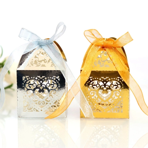 Hollow Heart Candy Boxes Laser Cut Pearlescent Paper Ribbon Wedding Party Gift Favor Elegant Romantic Decoration