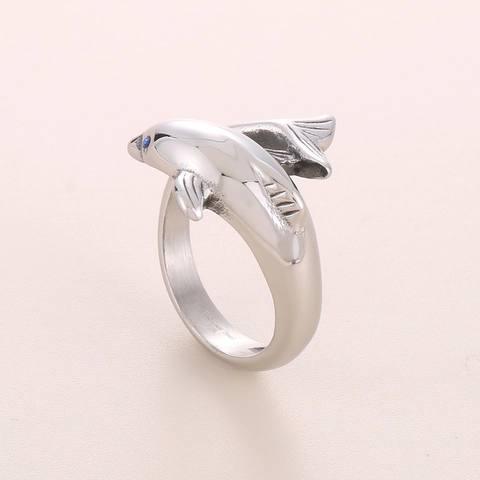 Bague Dauphin Yeux Pierre Bleue Acier Inoxydable 316L Ouverte Ajustable Bijoux Animaux Pour Hommes Style Street Trendy
