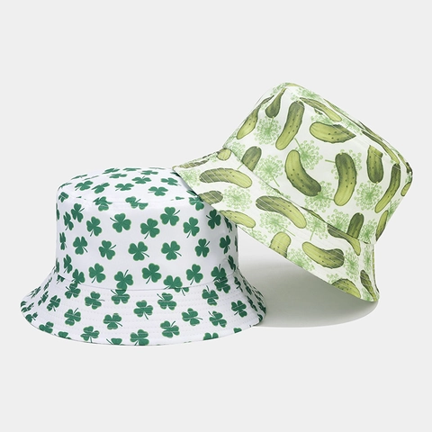 Unisex Summer Outdoor Print Bucket Hat Shamrock Pickle Pattern Sun Protection Foldable Polyester Fisherman Hat Travel Cap