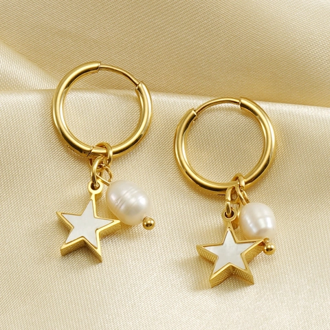 Edelstahl Creolen Mit 18K Vergoldung Sternmuschel Und Natürlicher Künstliche Perle Anhänger Für Damen INS Stil Elegant