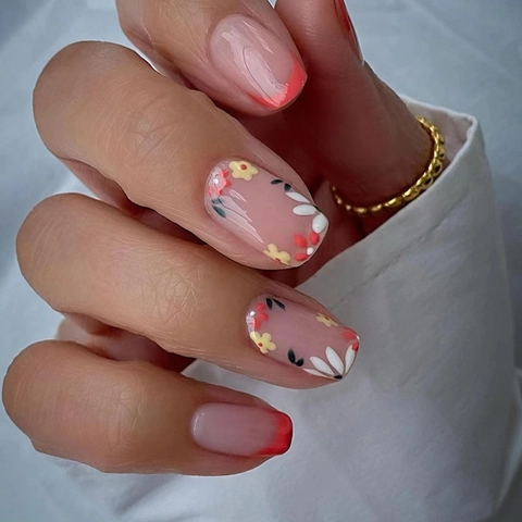 French Red Edge Square Press On Nails Colorful Floral Pattern Romantic Sweet Style For Women Plastic Wearable Art