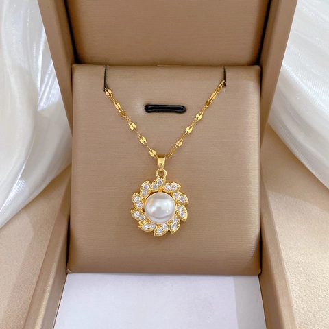 Sunflower Anhänger Halskette Vergoldeter Edelstahl Mit Künstliche Perle Zirkon Retro Blume Schlüsselbein Kette Für Frauen