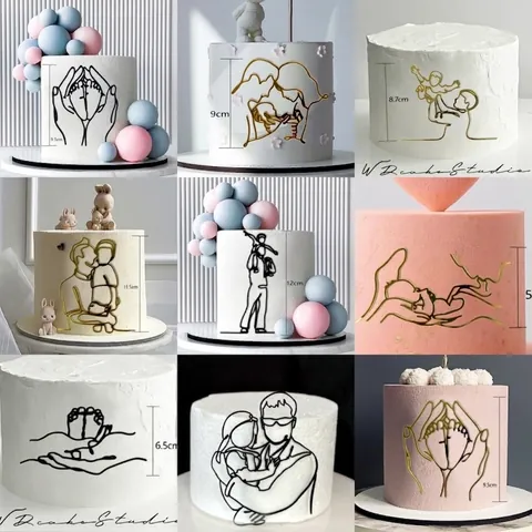 Minimalist Line Art Acrylic Cake Topper Father Child Birthday Baby Shower Party Decoration Gold Black Ins Style