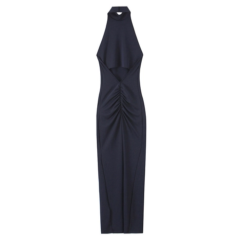 Halter Neck Maxi Jurk Polyester Gebreid Mouwloos Geplooid Rugloos Slanke Pasvorm Elegant Feest Avondkleding Voor Dames