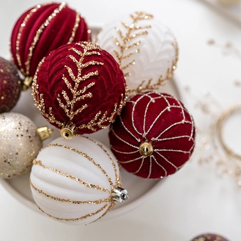 Christmas Ball Ornaments Velvet Flocked Glitter Patterns Decorative Hanging Baubles For Holiday Tree Home Party Decor