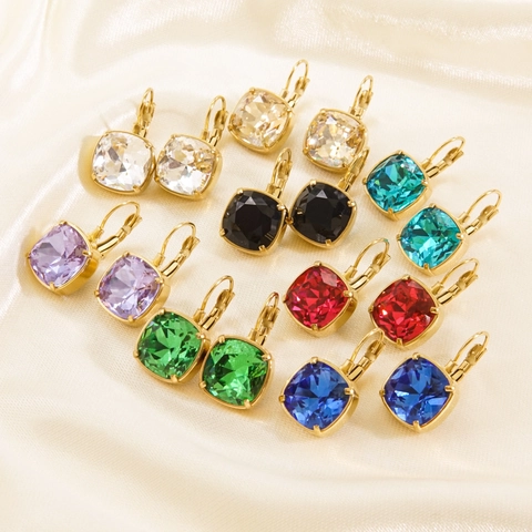 Leverback Earrings Stainless Steel Square Cushion Cut Zircon Luxury 14K Gold Plated Colorful Jewelry For Women