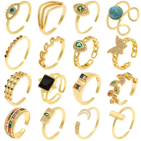 Women Fashion Adjustable Open Rings Copper Gold Plated Zircon Inlaid Geometric Evil Eye Butterfly Rainbow Vintage Jewelry