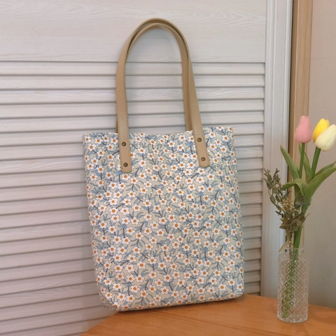 Damen Floral Tote Bag Baumwolle Leinwand Handtasche Mit Ledergriff Metallnieten Süßer Frischer Stil Große Kapazität Schultertasche