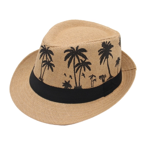 Paper Straw Fedora Hat With Coconut Tree Pattern Sun Protection Summer Beach Panama Hat For Men And Women