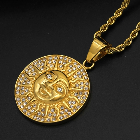 Hip Hop Colgante Sol Redondo Acero Inoxidable Brillantes Chapado En Oro Medallón Collar Moda Punk Joyas Para Hombre