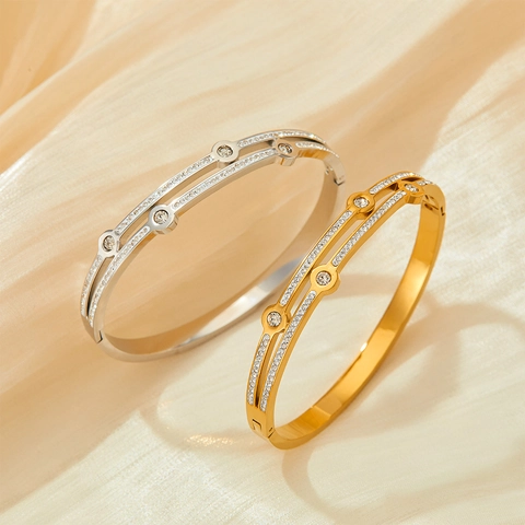 Stainless Steel Bangle Bracelet Double Layer Rhinestone Geometric Round Inlay Elegant Jewelry For Women