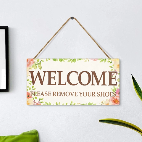 Welcome Please Remove Your Shoes Wood Hanging Sign Floral Pattern Rustic Entryway Door Plaque With Hemp Rope Home Decor