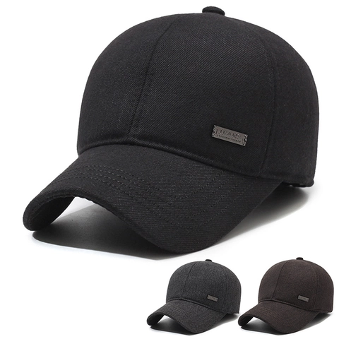 Men Winter Baseball Cap With Earflaps Warm Woolen Windproof Adjustable Solid Color Outdoor Sports Senior Hat