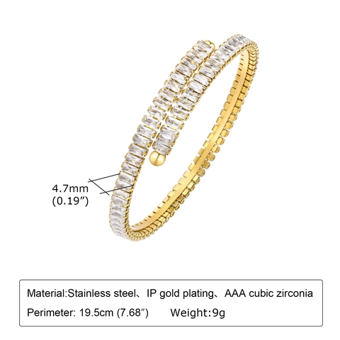 Stainless Steel Bangle Bracelet For Women 18K Gold Plated Rectangular White Cubic Zirconia Open Wrap Elegant Jewelry