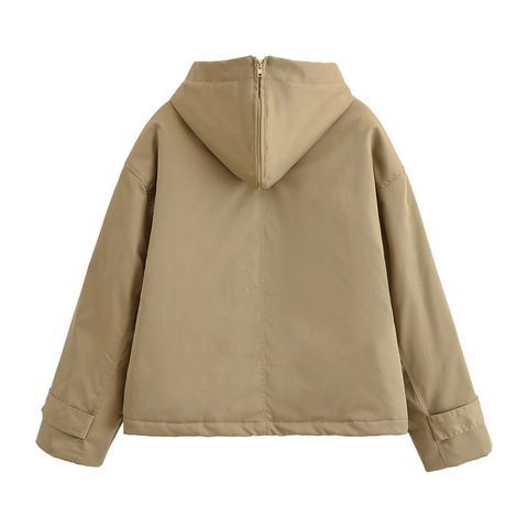 Giacca Imbottita con Cappuccio da Donna Khaki a Maniche Lunghe con Cerniera Parka con Cappuccio in Ecopelliccia Streetwear Casual