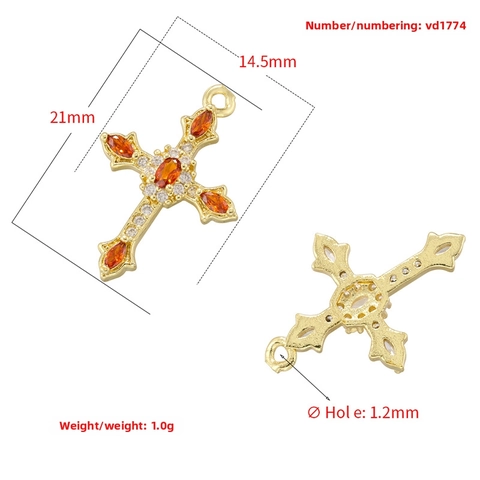 Hip Hop Cross Pendant Brass Inlaid Colorful Zirconia Religious DIY Jewelry Accessory For Necklaces And Bracelets