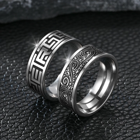 Vintage Titanium Steel Ring Greek Key Pattern Wave Texture Religious Jesus Etched Band Jewelry For Men Women