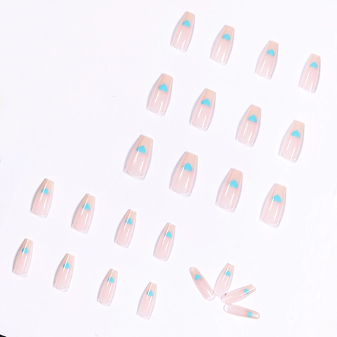 Lange Coffin Kunstnagels Blauw Hartpatroon Transparant Nude Roze Glanzende Valse Nagels Zoete Stijl Draagbare Nagels