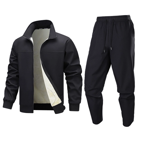 Tuta Da Uomo In Pile Foderata Giacca Invernale Calda E Pantaloni Abbigliamento Sportivo Antivento Colore Solido
