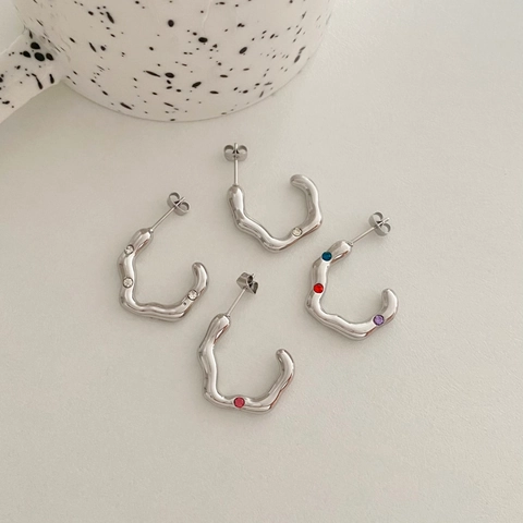 Stainless Steel Irregular Wave Hoop Earrings Gold Plated Geometric C-Shape With Colorful Rhinestones For Women