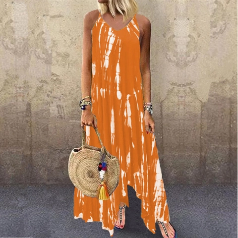 Women's Casual Tie-Dye Asymmetrical Hem Maxi Dress Plus Size Spaghetti Strap Bohemian Loose Vacation Summer Beach Long Dress