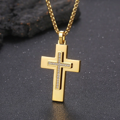 Men Stainless Steel Cross Pendant Necklace Double Layer Zircon Inlaid Hip Hop Fashion Jewelry Box Chain Religious
