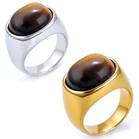 Anillo Vintage Para Hombre De Acero Inoxidable Con Piedra Ojo De Tigre Ovalada Joyería Geométrica Pulida