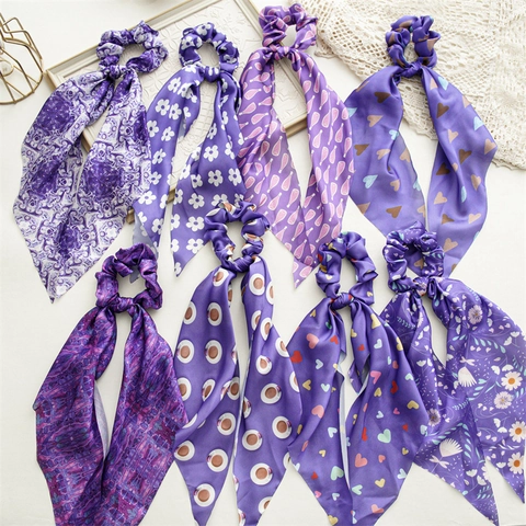 Satijnen Sjaal Scrunchie Bloemen Hart Print Groot Elastiekje Met Lang Lint Haaraccessoires Voor Dames Meisjes