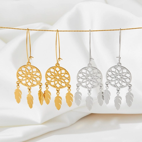 Boucles D'oreilles Pendantes Attrape-Rêves Acier Inoxydable Cercle Toile Évidée Pendentifs Plumes Style Bohème Ethnique Bijoux